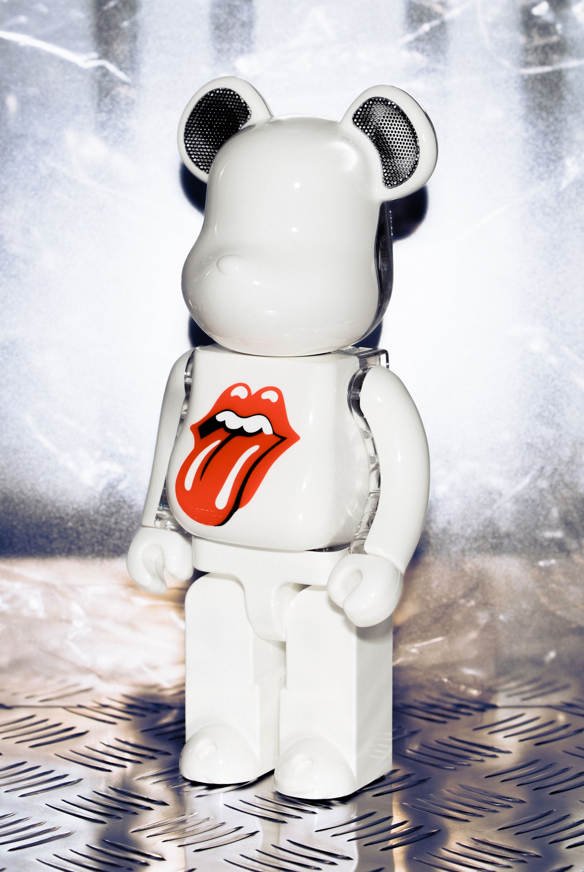 White BE@RBRICK speaker with The Rolling Stones logo