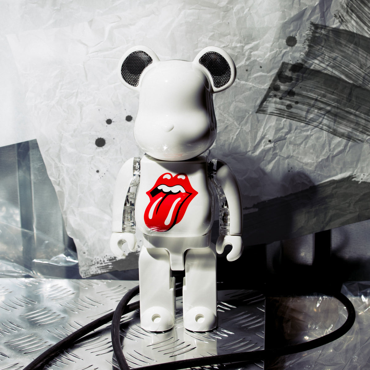 White BE@RBRICK speaker with The Rolling Stones logo